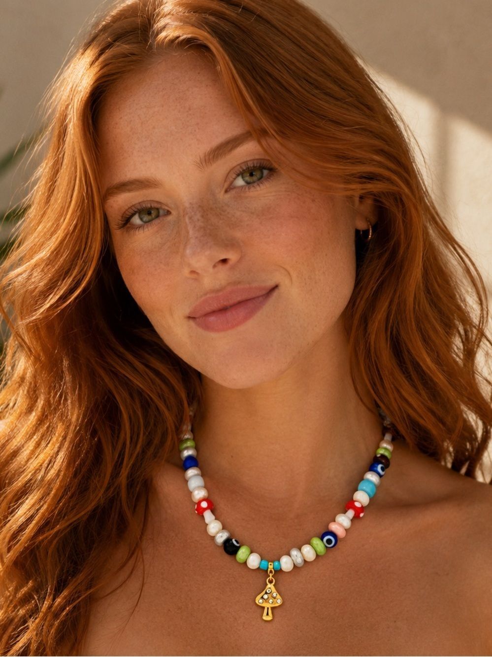 Gold Mushroom Charm Multicolor Beaded Necklace by